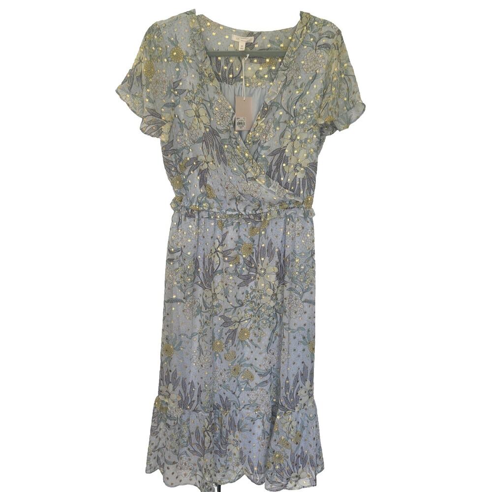 Lauren Conrad NWT Blue Floral Wrap Midi Dress Flutter Sleeve Women's Small